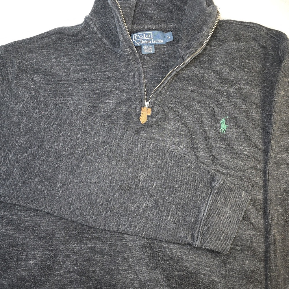 Polo Ralph Lauren Men's Large Estate Rib 1/4 Zip Pullover Grey Green Pony Preppy